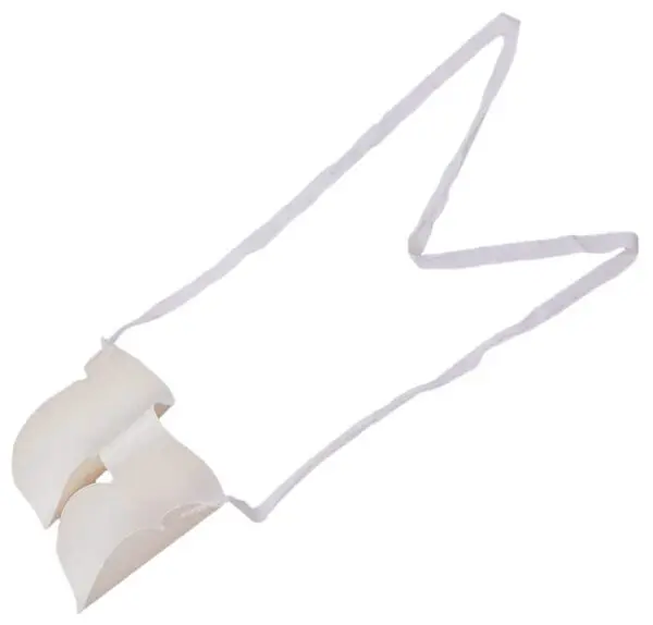 The Tights Aid is a white device with two semi-cylindrical plastic pieces connected by a long fabric strap, designed to help users put on socks or tights.