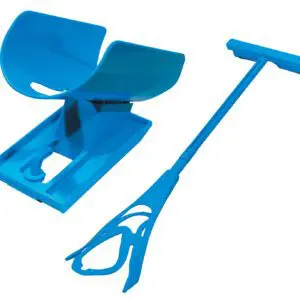The Sock Aid Slider is a blue plastic assistive device with a curved base, designed to help users put on socks easily and aid in dressing.