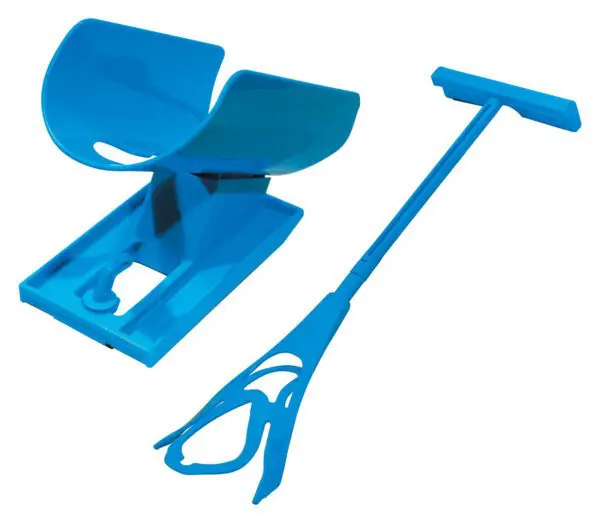 The Sock Aid Slider is a blue plastic assistive device with a curved base, designed to help users put on socks easily and aid in dressing.