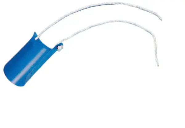 The Moulded Sock Aid is a blue plastic device with two white corded handles, designed to help users put on socks more easily.