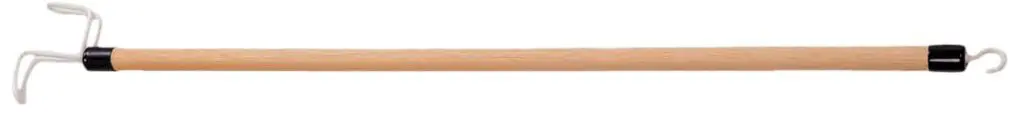 The Dressing Stick is a wooden tool with white hooks at both ends, designed to help you grab or pull objects that are out of reach.