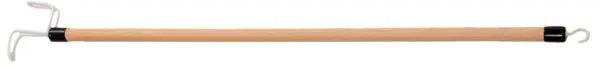 The Dressing Stick is a wooden tool with white hooks at both ends, designed to help you grab or pull objects that are out of reach.