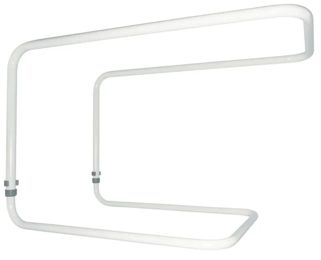 The Height Adjustable Bed Cradle, a white tubular frame designed to keep bedding off the body, is shown against a plain background.