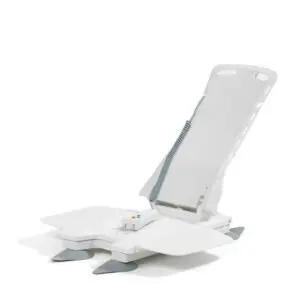 The Aquajoy Value Bathlift is a white motorised bath lift chair with a backrest, flat seat, and four grey suction cup feet. A remote control with a coiled lead is placed on the seat.