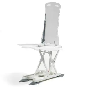 The Aquajoy Value Bathlift is a white, adjustable bath chair with a high backrest, folding seat, and remote control to help users safely enter and exit the bath.
