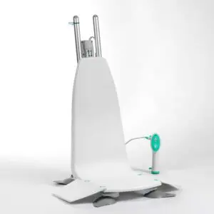 The Neptune Bathlift is a white, battery-powered chair with a high backrest, side flaps, and a wired handheld control, designed to help individuals safely access the bath.