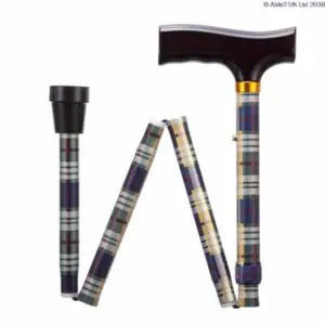 A folding walking stick with a tartan check pattern, dark T-shaped handle, and gold collar, shown both folded and assembled.