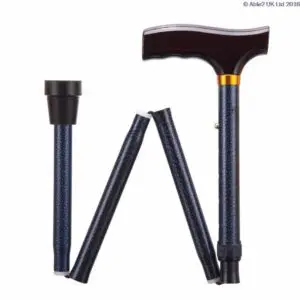 A foldable walking stick with a black handle and blue patterned shaft, shown partially disassembled into four segments.