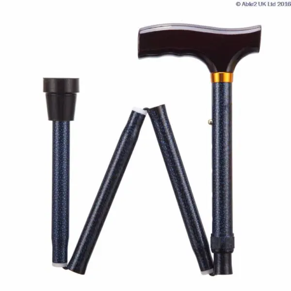 A foldable walking stick with a black handle and blue patterned shaft, shown partially disassembled into four segments.