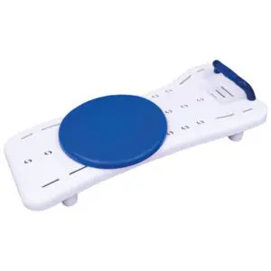 The Width Adjustable Bath Board features an integral handle and a built-in blue turntable seat, offering secure and easy transfers in the bath.