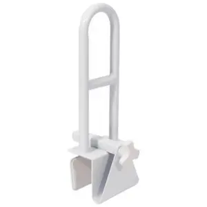 The Bath Grab Rail features a white metal design with an adjustable clamp and textured handle, providing reliable support for bath safety.