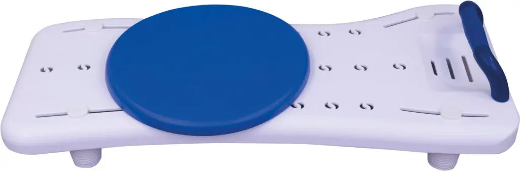 Width Adjustable Bath Board with Integral Handle and Turntable features adjustable width, a blue rotating seat, drainage holes, and a blue handle for support.
