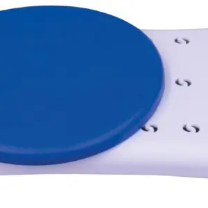 Width Adjustable Bath Board with Integral Handle and Turntable features adjustable width, a blue rotating seat, drainage holes, and a blue handle for support.