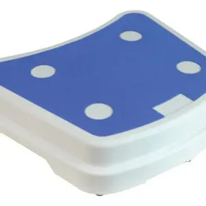 The Plastic Stackable Bath Step features a rectangular design with a blue, non-slip surface and four circular grip pads on top for added safety.
