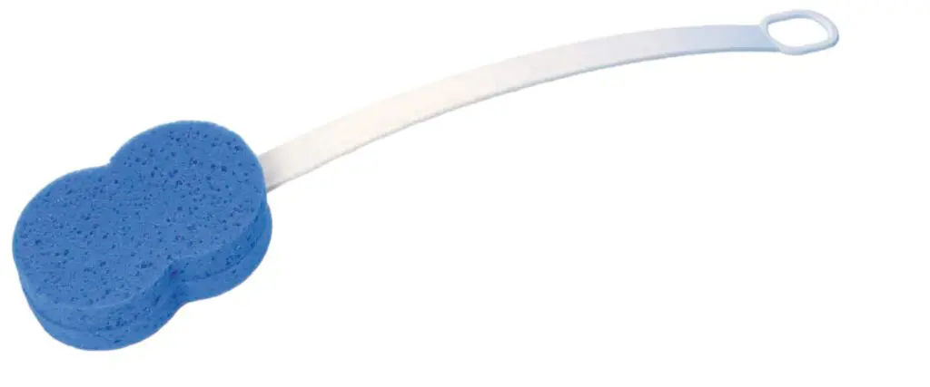 The Long-Handled Bath Sponge is cloud-shaped, blue, and attached to a long white handle with an oval loop at the end.
