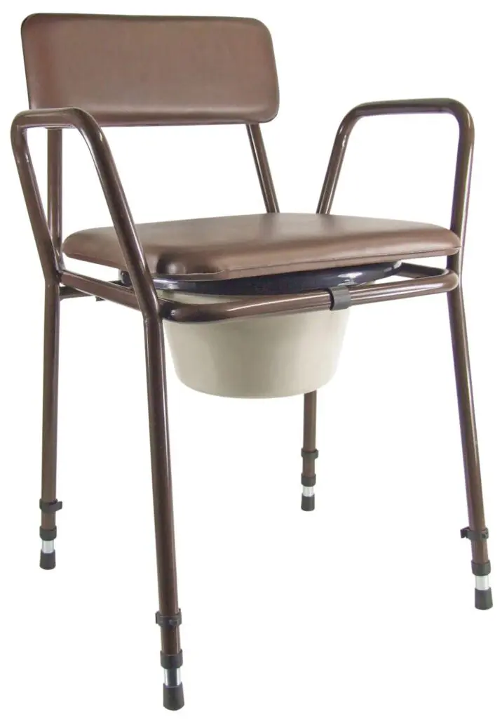 The Essex Height Adjustable Commode Chair is a brown metal and vinyl chair with adjustable legs and a removable bucket beneath the seat.