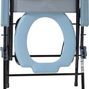 The Folding Commode features a light blue seat and armrests with a sturdy black metal frame, designed for portability.