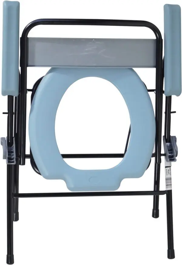 The Folding Commode features a light blue seat and armrests with a sturdy black metal frame, designed for portability.