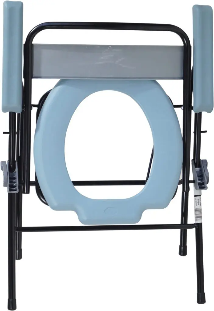 The Folding Commode features a light blue seat and armrests with a sturdy black metal frame, designed for portability.