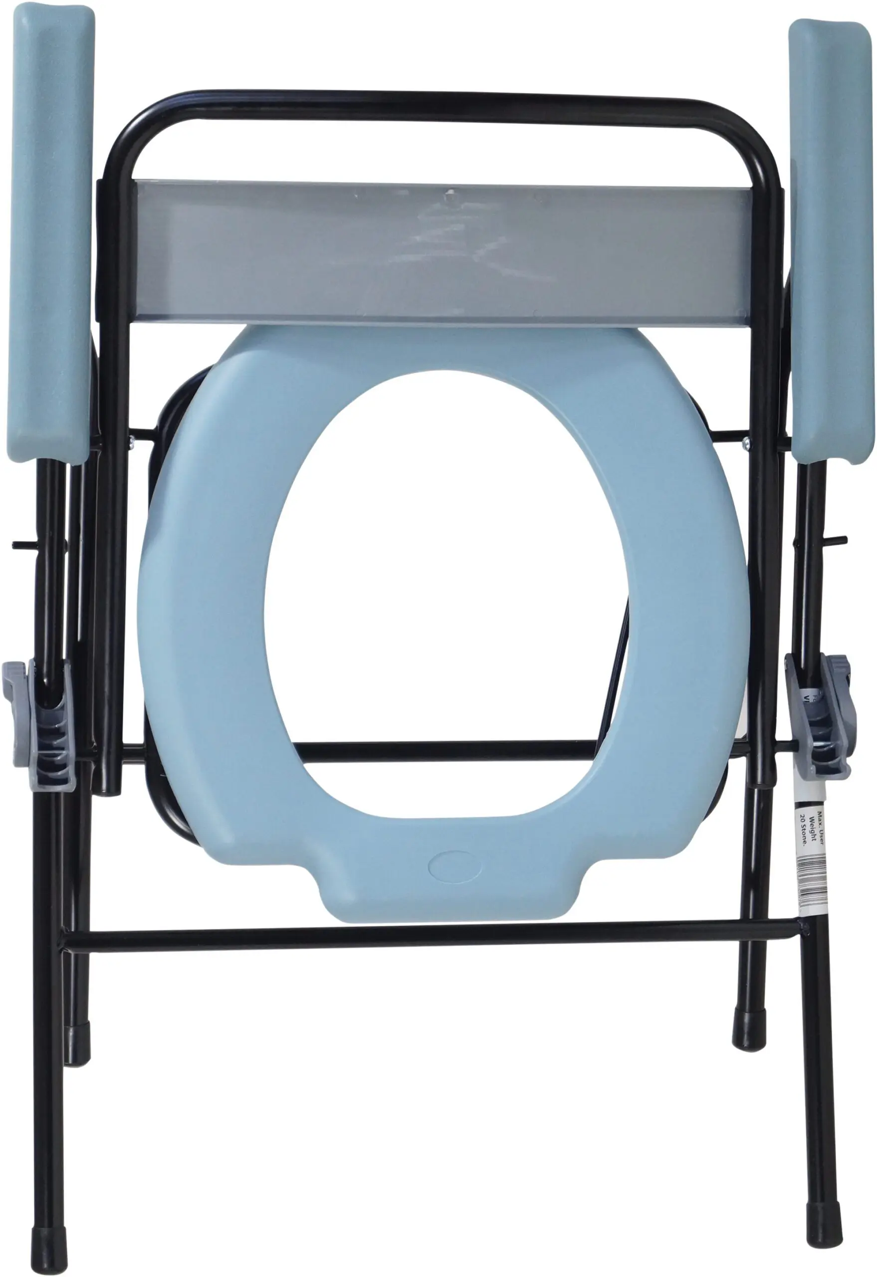 The Folding Commode features a light blue seat and armrests with a sturdy black metal frame, designed for portability.