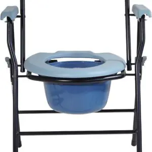 The Folding Commode features a blue seat, armrests, and a removable bucket beneath the seat. Its folding design makes it easy to store and transport.