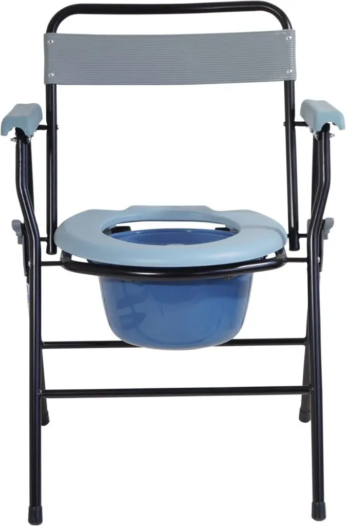 The Folding Commode features a blue seat, armrests, and a removable bucket beneath the seat. Its folding design makes it easy to store and transport.