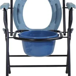 The Folding Commode features a blue plastic seat, detachable bucket, and armrests, offering portable mobility assistance.