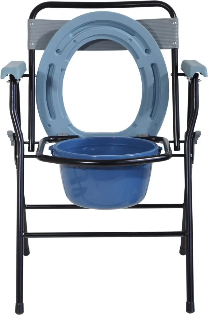 The Folding Commode features a blue plastic seat, detachable bucket, and armrests, offering portable mobility assistance.