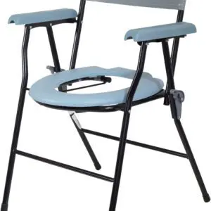 The Folding Commode is a portable chair with a metal frame, light blue armrests and backrest, plus an open seat for toilet use.