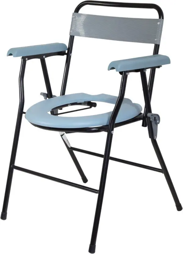The Folding Commode is a portable chair with a metal frame, light blue armrests and backrest, plus an open seat for toilet use.