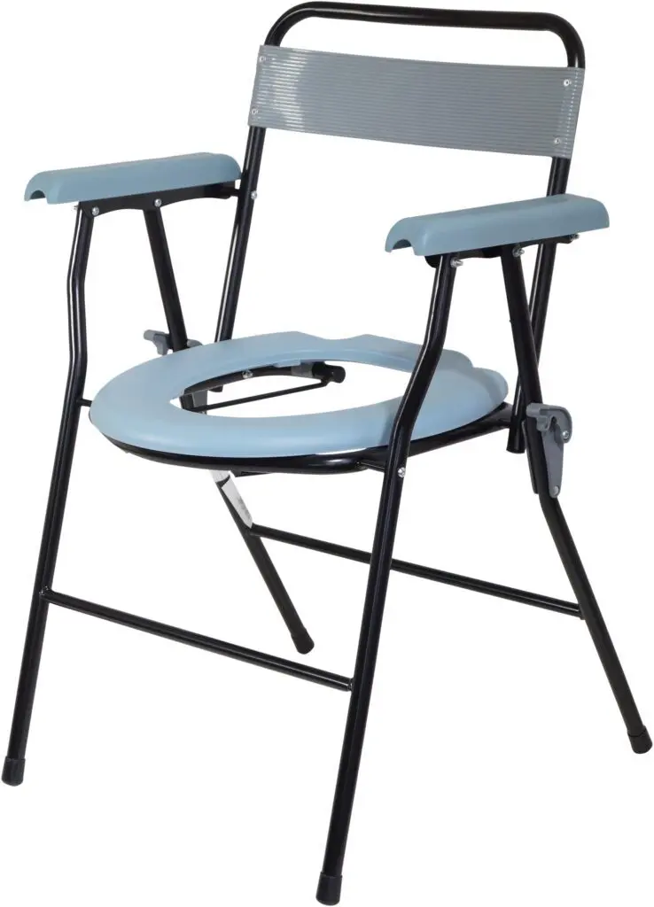The Folding Commode is a portable chair with a metal frame, light blue armrests and backrest, plus an open seat for toilet use.
