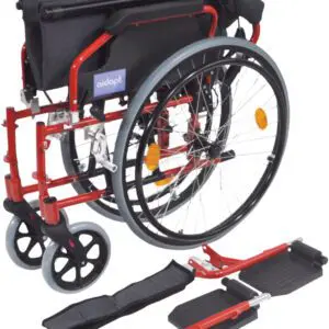 The Deluxe Lightweight Self-Propelled Aluminium Wheelchair is shown folded in red, with detached footrests and accessories displayed in front on a white background.