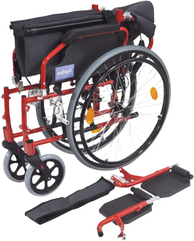 The Deluxe Lightweight Self-Propelled Aluminium Wheelchair is shown folded in red, with detached footrests and accessories displayed in front on a white background.
