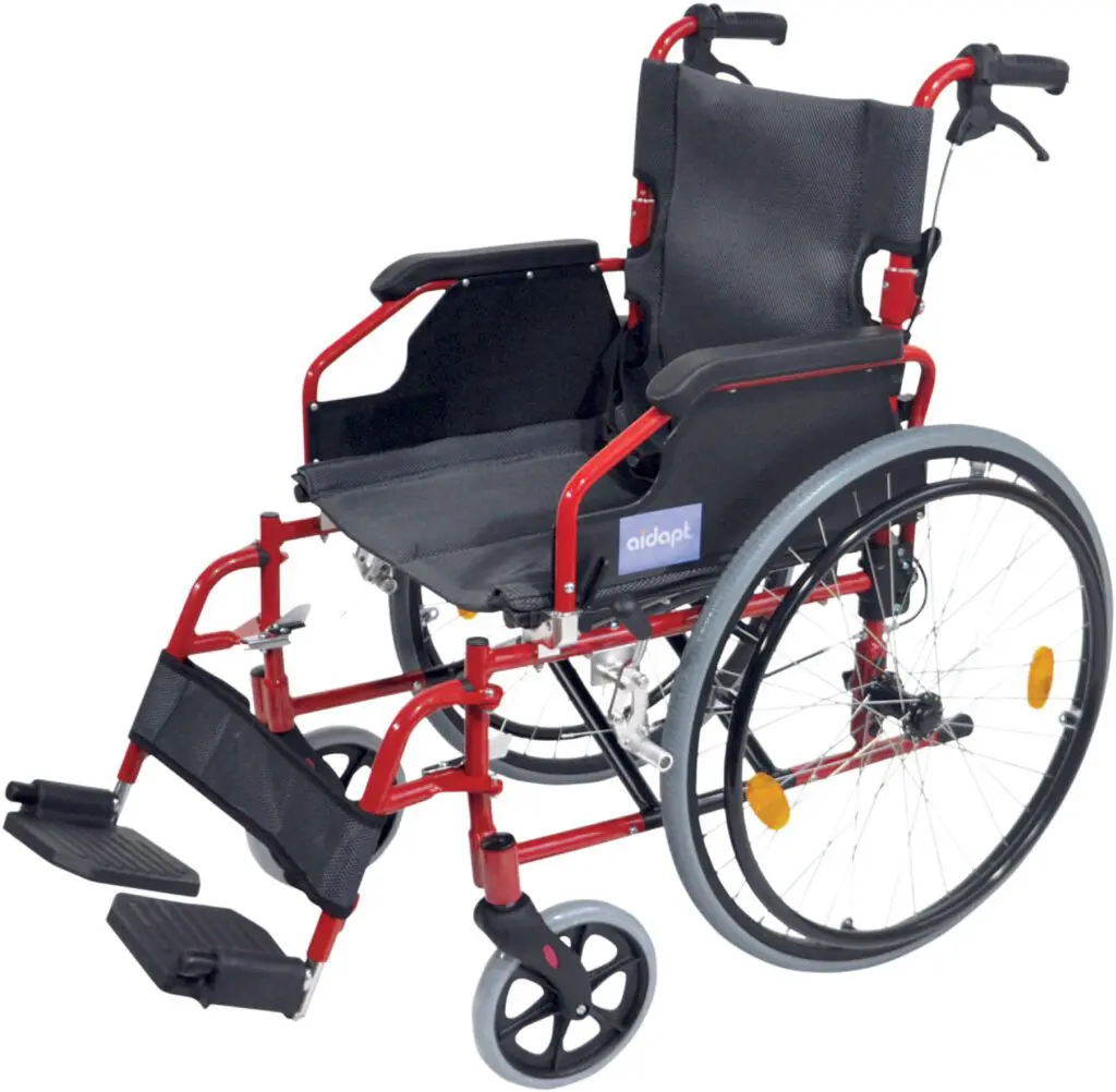 The Deluxe Lightweight Self-Propelled Aluminium Wheelchair features a red frame, black seat and backrest, adjustable footrests, large rear wheels, and small front wheels.