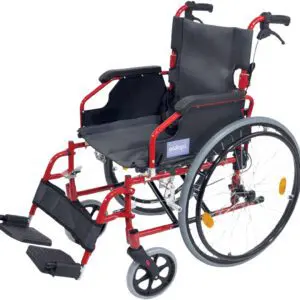 The Deluxe Lightweight Self-Propelled Aluminium Wheelchair features a red frame, black seat and backrest, adjustable footrests, large rear wheels, and small front wheels.