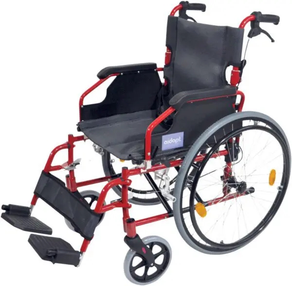 The Deluxe Lightweight Self-Propelled Aluminium Wheelchair features a red frame, black seat and backrest, adjustable footrests, large rear wheels, and small front wheels.