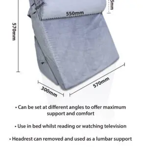 The Luxury Folding Adjustable Bed Wedge Pillow in grey offers labelled dimensions, a removable headrest and cover, and is designed for support, comfort, and cooling—perfect for bed use.