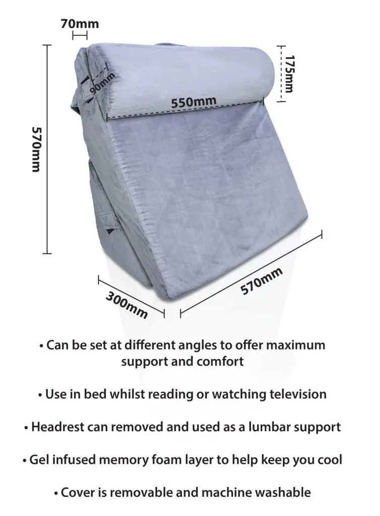 The Luxury Folding Adjustable Bed Wedge Pillow in grey offers labelled dimensions, a removable headrest and cover, and is designed for support, comfort, and cooling—perfect for bed use.