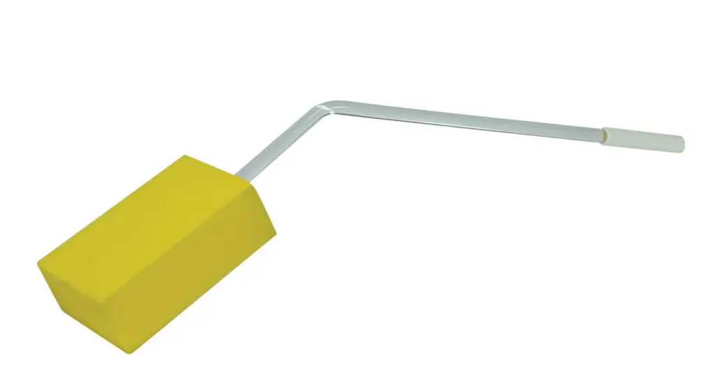 The Long-Handled Bath Sponge features a yellow rectangular sponge attached to a bent metal handle with a white grip.