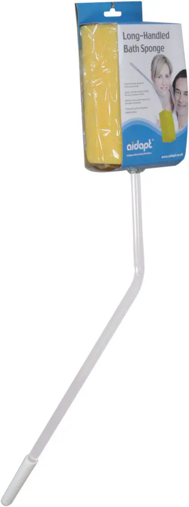 The Long-Handled Bath Sponge features a yellow sponge and a white angled handle, making it easy to reach and clean during bathing.