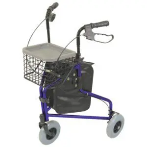 The Lightweight Tri Walker with Bag and Basket - BLUE is a three-wheeled rollator walker featuring hand brakes, a wire basket, a tray, and a black storage bag.