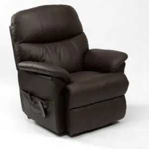 A dark brown leather recliner chair with a side pocket, set against a plain white background.