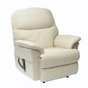 A beige reclining armchair with padded armrests and backrest, featuring a side lever for reclining, set against a plain white background.