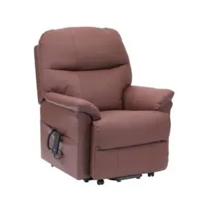Brown leather reclining armchair with padded back and arms, equipped with a wired remote control attached to the side pocket, placed against a plain white background.