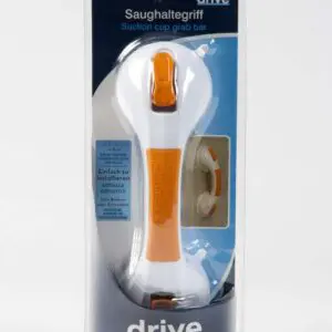 Packaged Drive brand suction cup grab rail with orange release tabs, labelled for easy installation, designed for stability and safety assistance.