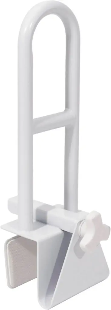 The Bath Grab Rail is a white metal safety handle with a clamp and adjustable knob, designed for secure attachment to the side of a bath for added support.