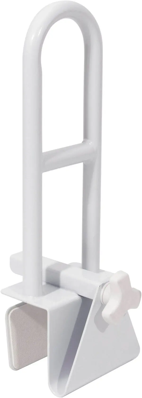 The Bath Grab Rail is a white metal safety handle with a clamp and adjustable knob, designed for secure attachment to the side of a bath for added support.