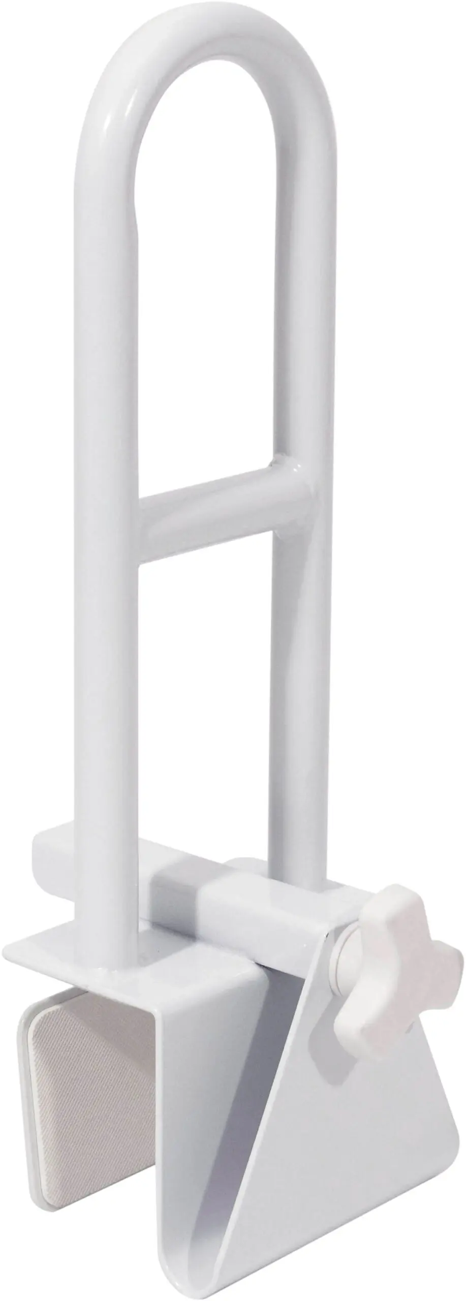 The Bath Grab Rail is a white metal safety handle with a clamp and adjustable knob, designed for secure attachment to the side of a bath for added support.