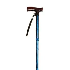 A blue adjustable walking stick with a dark wooden handle and a black wrist strap, shown against a white background.