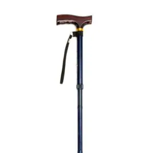 The Folding Cane with Strap (Multiple Colours) features a collapsible design, a dark wooden handle, adjustable metal shaft, and an attached wrist strap, displayed against a white background.